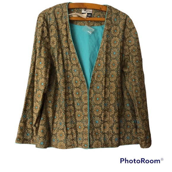Yak Magik Ladies Jacket NWT  XL Lace over Turquoise Beautiful Beaded Detail - Picture 1 of 7